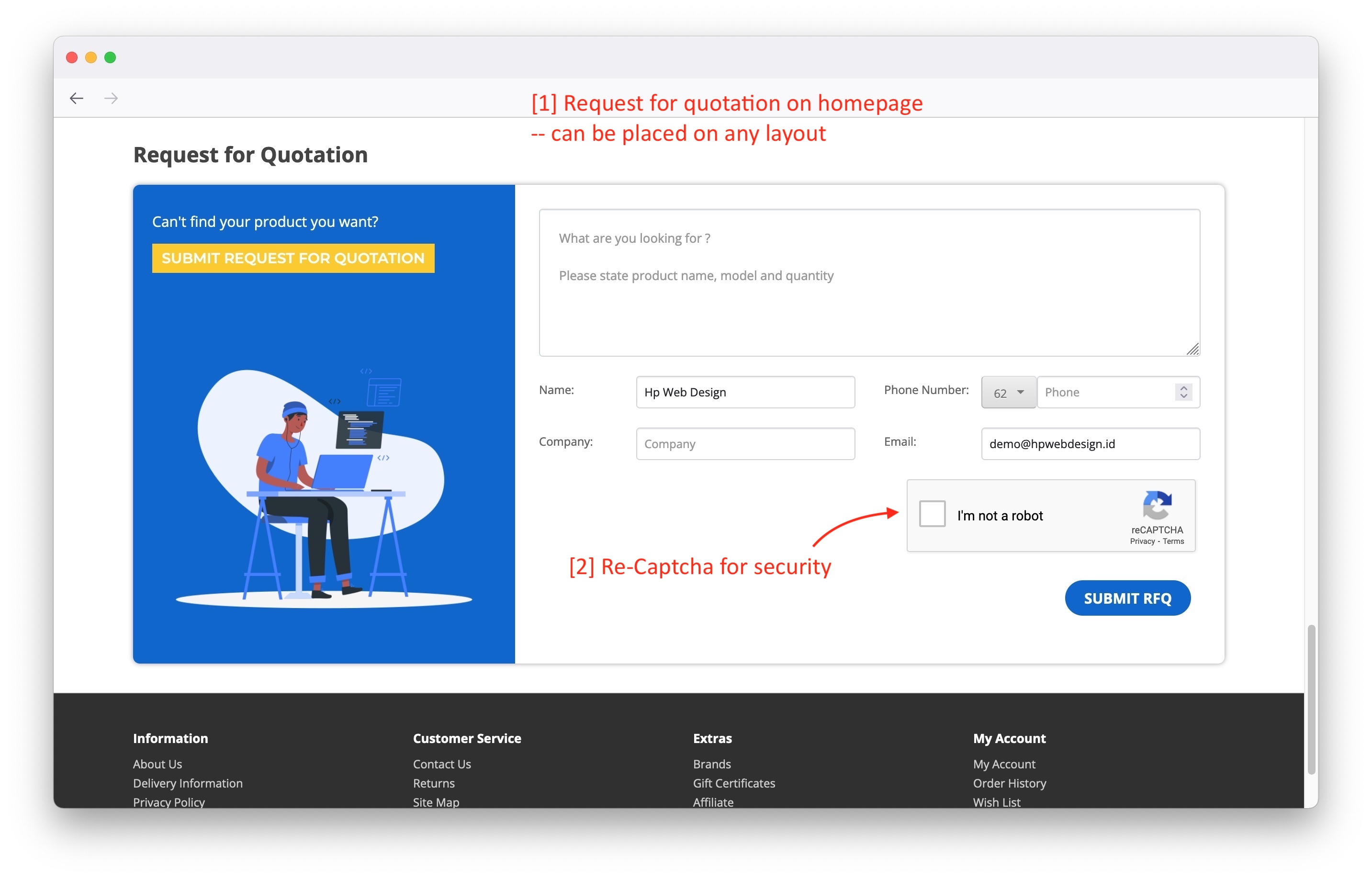 request for quote on opencart homepage